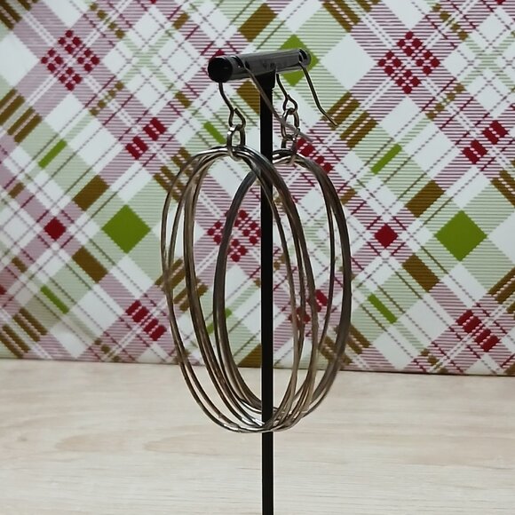 Large Silver Tone Oval Multi Hoop Metal Earrings Vintage Jewelry #92 - Picture 5 of 7